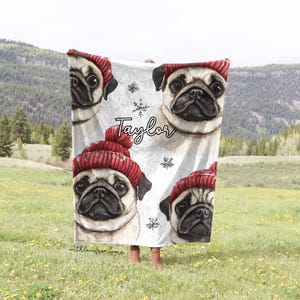 Pug Dog Winter Throw Blanket Pug Adult Kid Blanket Pug Custom Name Gift Pug Owner Gift