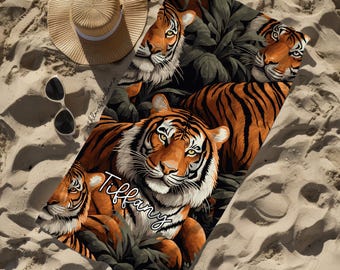 Tiger Personalized Beach Towel Tiger Towel Gift Tiger Beach Towel Gift for Friend Tiger Custom Name Gift