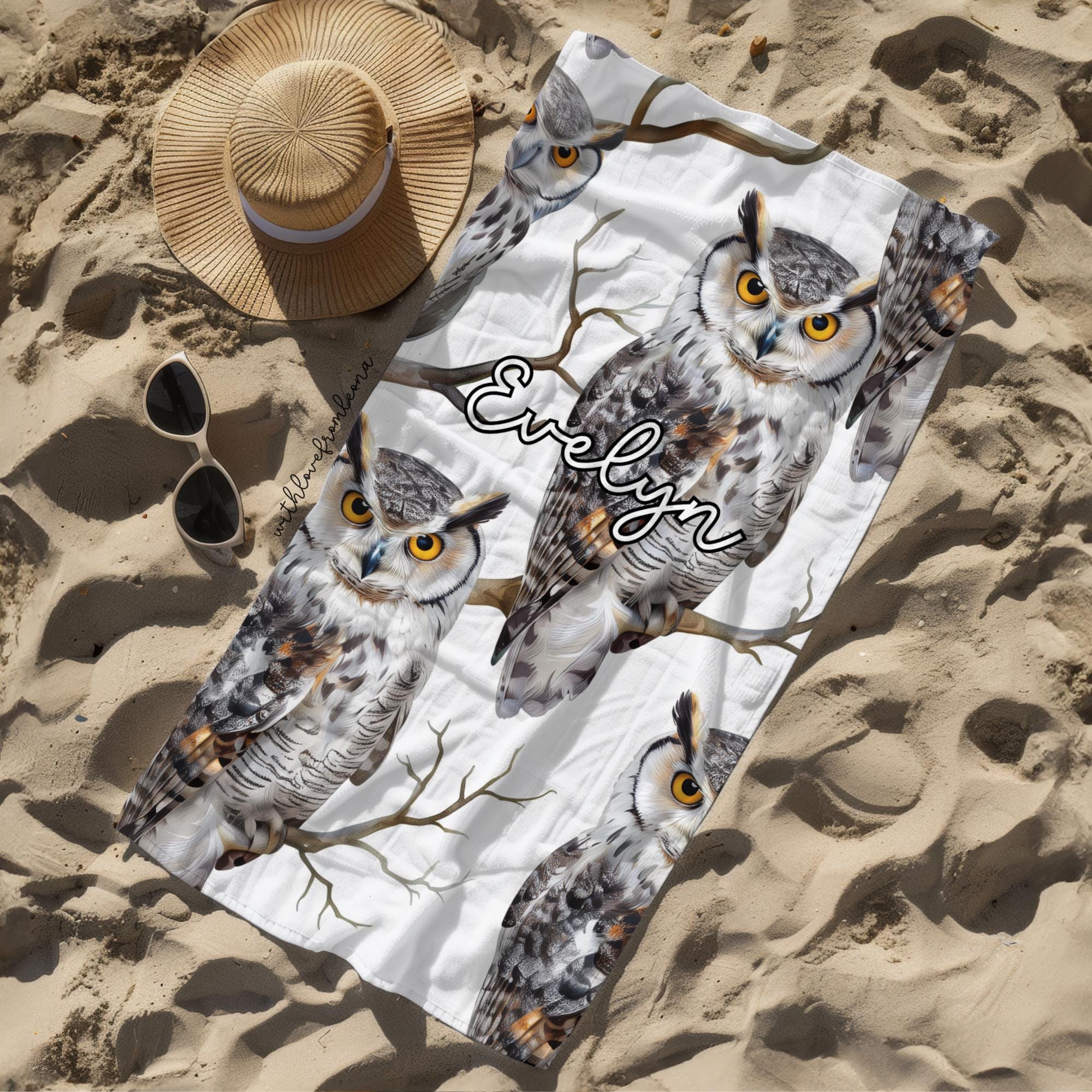Owls Beach Towel Owls Towel Gift Owls Beach Towel Gift for Friend Owl Custom Name Gift
