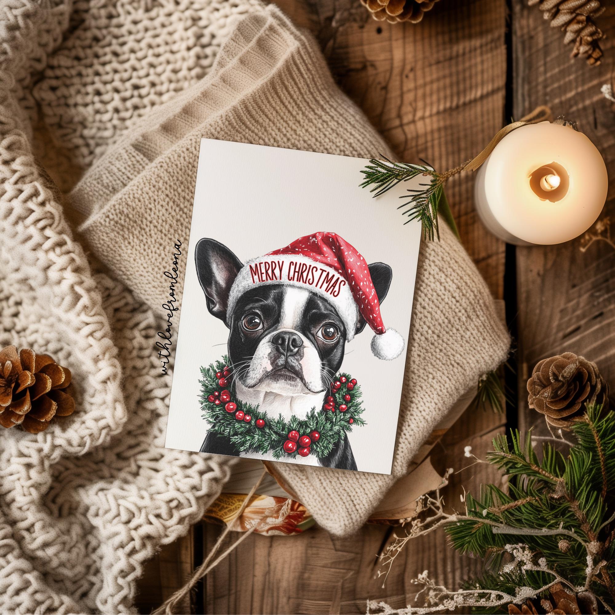 Boston Terrier Dog Christmas Card – ‘Merry Christmas’ Blank Inside, A5 Size, Silk Finish – Cute Pet Holiday Greeting