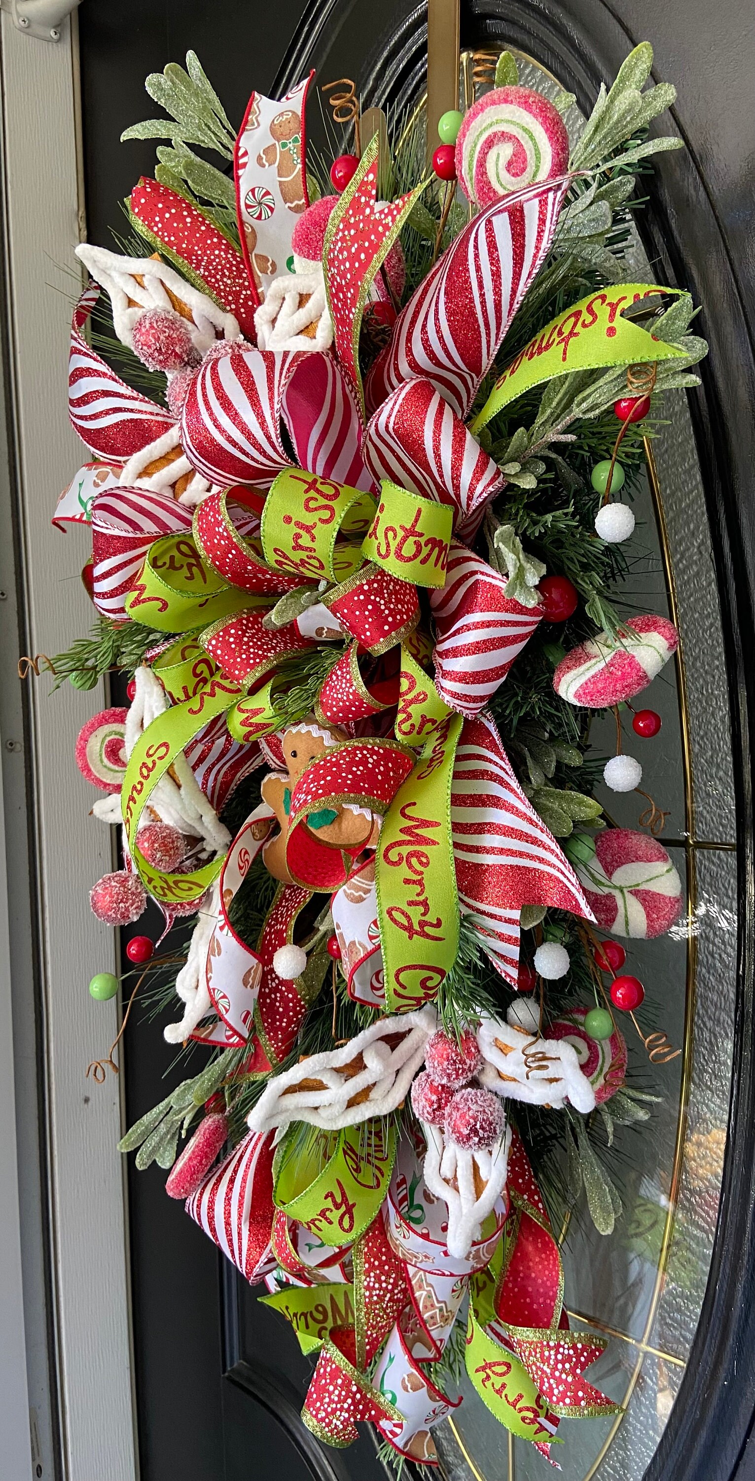 Gingerbread Man Swag for Front Door, Peppermint Candy Wreath, Christmas ...