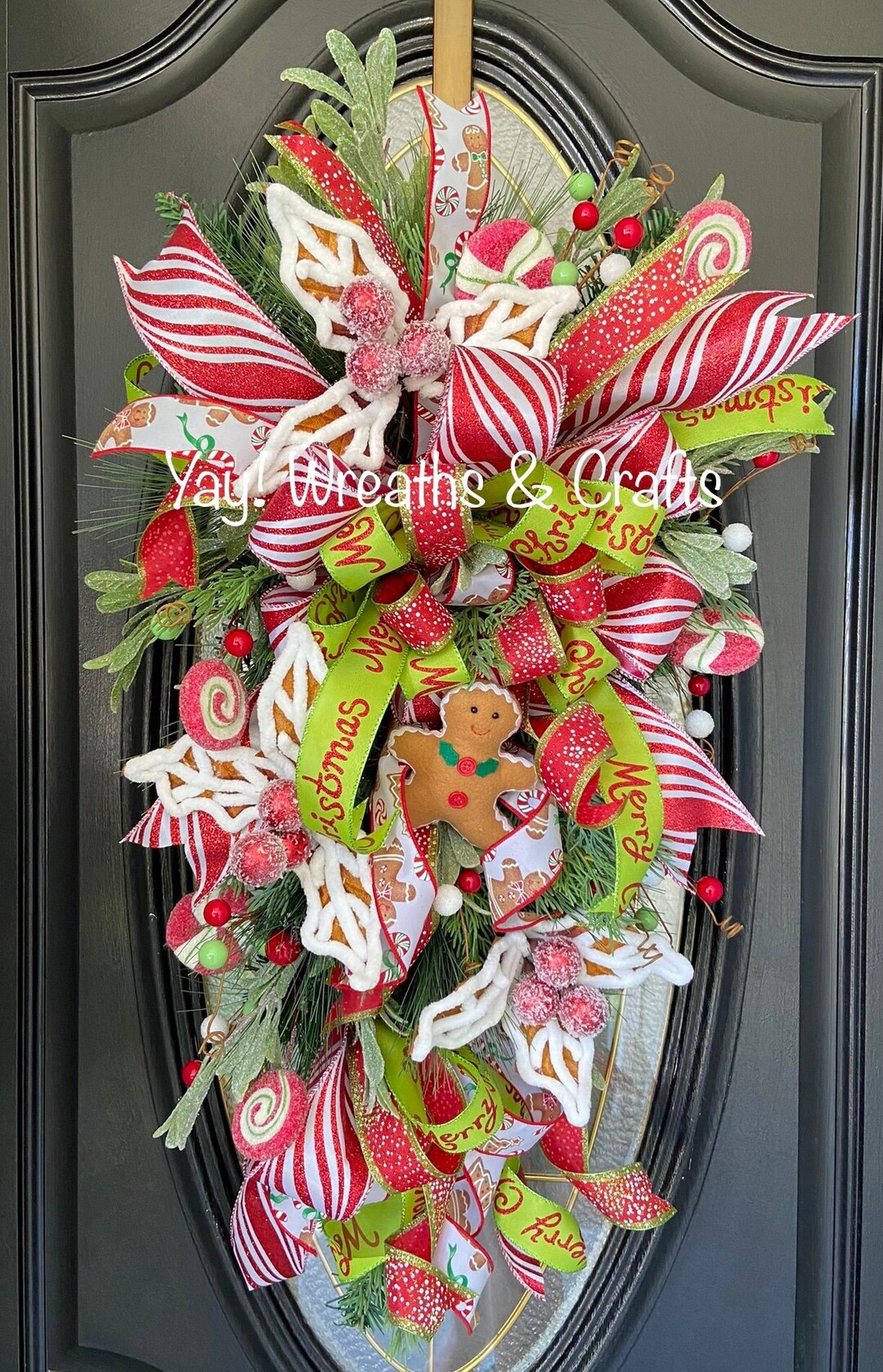 Gingerbread Man Swag for Front Door, Peppermint Candy Wreath, Christmas ...