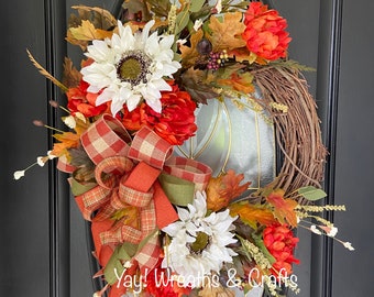 Fall Wreath for Front Door, Orange Peony Wreath, Fall Sunflower Wreath