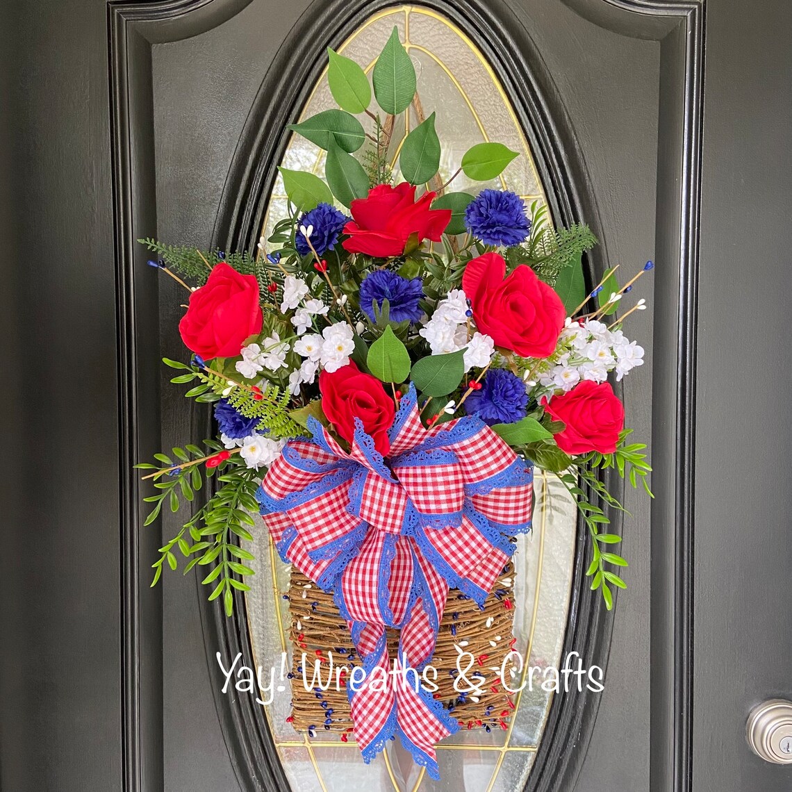 Patriotic Hanging Basket for Front Door, 4th of July Wreath, Summer