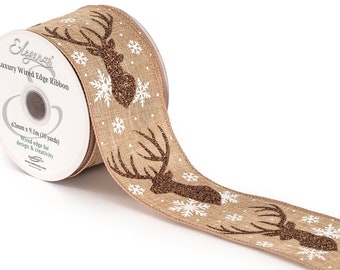 Wired Edge Christmas Stag Bronze Glitter, Kerstlint 63 mm breed