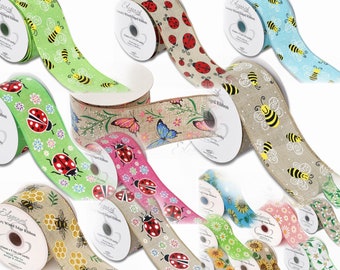 63mm Various Lengths Wired Edge Natural or Coloured Ribbon, Ladybird, Bee, Butterfly