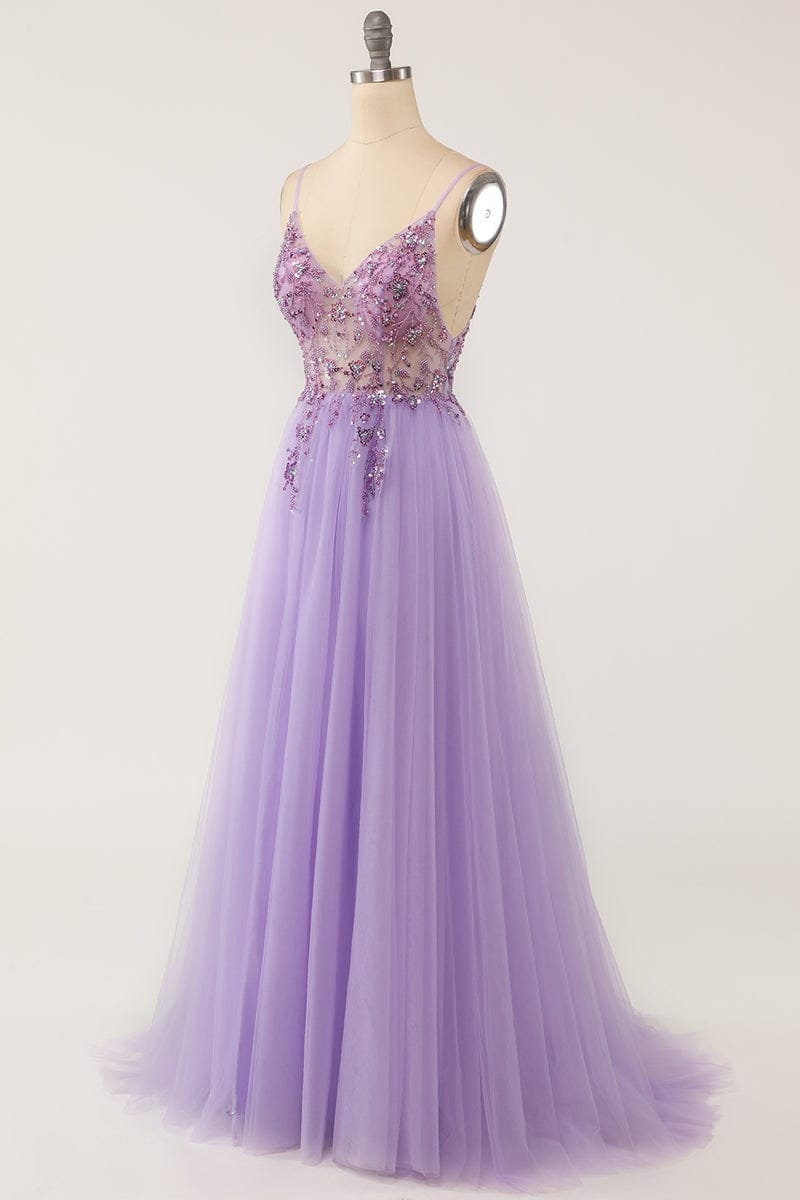 Deep V-neck Purple Beading Tulle Prom Dress With Crystal - Etsy