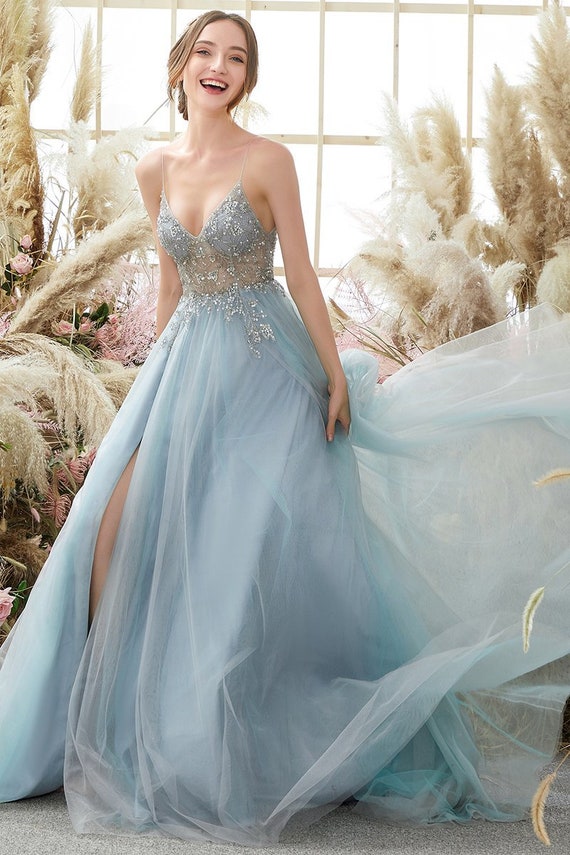 blue crystal prom dress