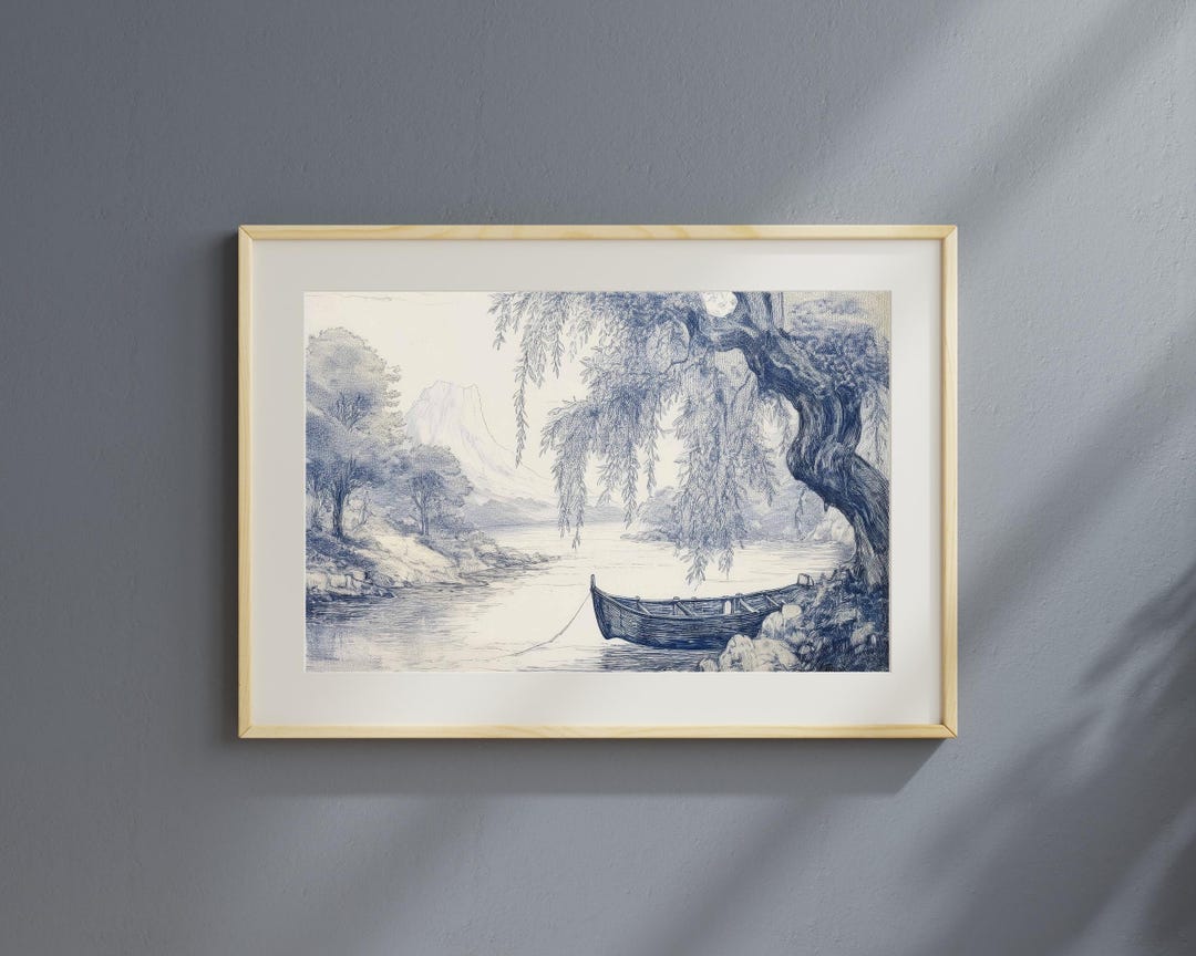 Blue Chinoiserie Willow Tree Vintage Landscape Art (8.5x11 Inch ...