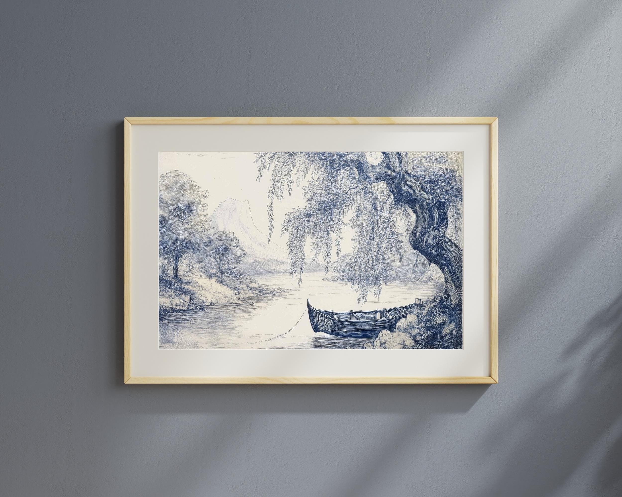 Blue Chinoiserie Willow Tree Vintage Landscape Art (8.5x11 inch Printable)