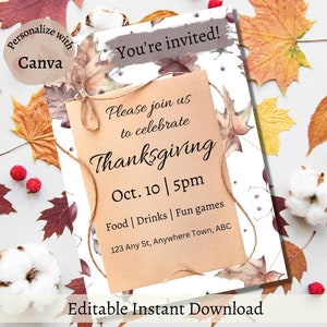 Digital Thanksgiving Invitation, Instant Download Editable Template DIY (Postcard Layout)