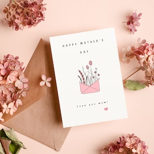 Tarjeta del Día de la Madre con Flores Dibujadas a Mano Feliz Día de la Madre Te Amo Mamá Tarjeta Floral del Día de la Madre Tarjeta de Felicitación Única Día de la Madre Simple