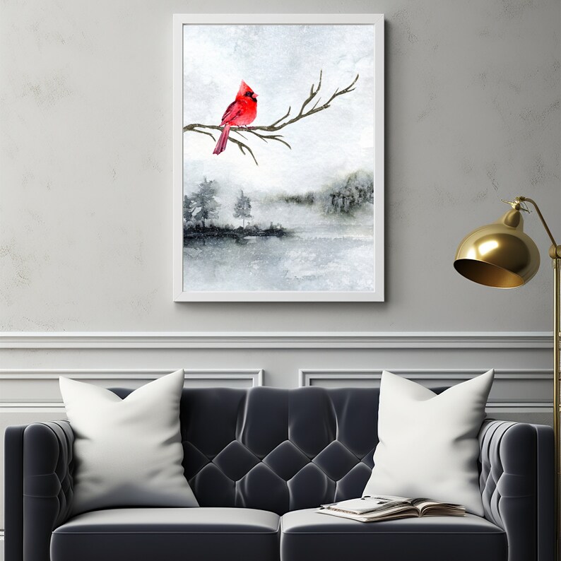 Red Cardinal Winter Wall Art Watercolor Winter Birch Tree Abstract Wall ...