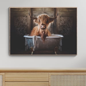 Highland Cow in a Vintage Bathtub Cottage Style Cow Sitting In Clawfoot Tub Highland Cow in a Clawfoot Tub Farmhouse Decor Cow Lover Gift