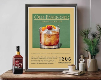 Old Fashioned Cocktail Print: Vintage Whiskey Bar Art (Digital Download)