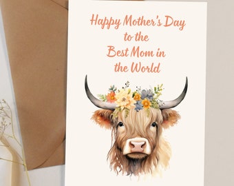 Highland Cow Moederdag kaart Floral Moederdag kaart boer vrouw Moederdag kaart boer moeders dag kaart baby koe minnaar kaart voor moeder