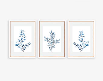 Blue Botanical Wall Art Chinoiserie Wall Art 3 Piece Wall Decor Minimalist Wall Art Botanical Print Set Printable Wall Art Digital Art
