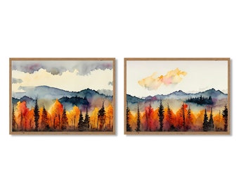Autumn Landscape Watercolor Print Set: Foggy Forest Art (Digital Download)
