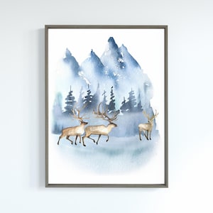 Winter Print of 3 Elk in Snow Covered Forest | Elk Wall Art in Snow | Snowy Forest Print | Christmas Print | Winter Wonderland Printable