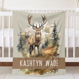 Personalized Deer Baby Blanket Deer Hunting Baby Shower Gift Deer Blanket Forest Mountains Custom Toddler Name Blanket Newborn Boy Buck