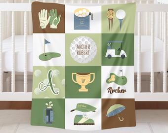 Personalized Golf Baby Name Blanket, Golf Baby Shower Gift Golfing Custom Toddler Blanket Birthday Minky Quilt Gift for Newborn Boy Crib