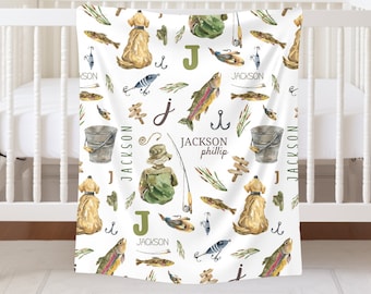 Fishing Blanket for Boys, Personalized Baby Fish Blanket, Custom Baby Name Blanket, Fishing Baby Shower Gift, Fishing Nursery Decor, Minky