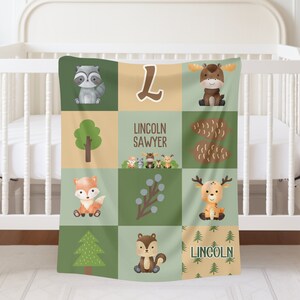 Personalized Forest Animal Baby Name Blanket Woodland Animal Custom Gift Baby Boy, Newborn Toddler Woodland Creatures Deer Blanket Birthday