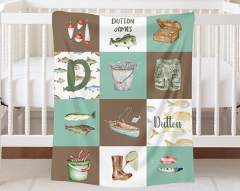 Baby Fishing Daycare Blanket, Custom Name Toddler Minky Throw, Birthday Gift for Boys