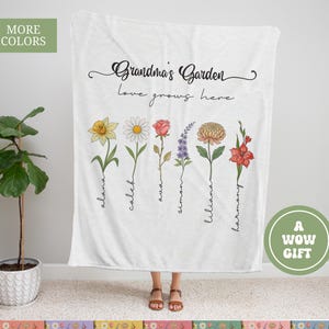 Personalized Grandma&#39;s Garden Blanket, Birth Month Flower Blanket with Grandkids Names, Custom Floral Throw for Grandma Blanket Gramma Gift