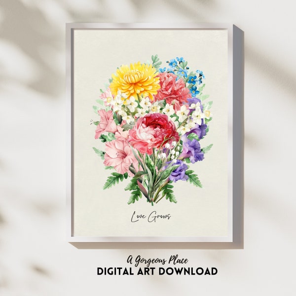 Birth Flower Art Print Bouquet Grandmas Garden Birthflower Custom Digital Download Personalized Gift Mothers Day Birth Month Art Family