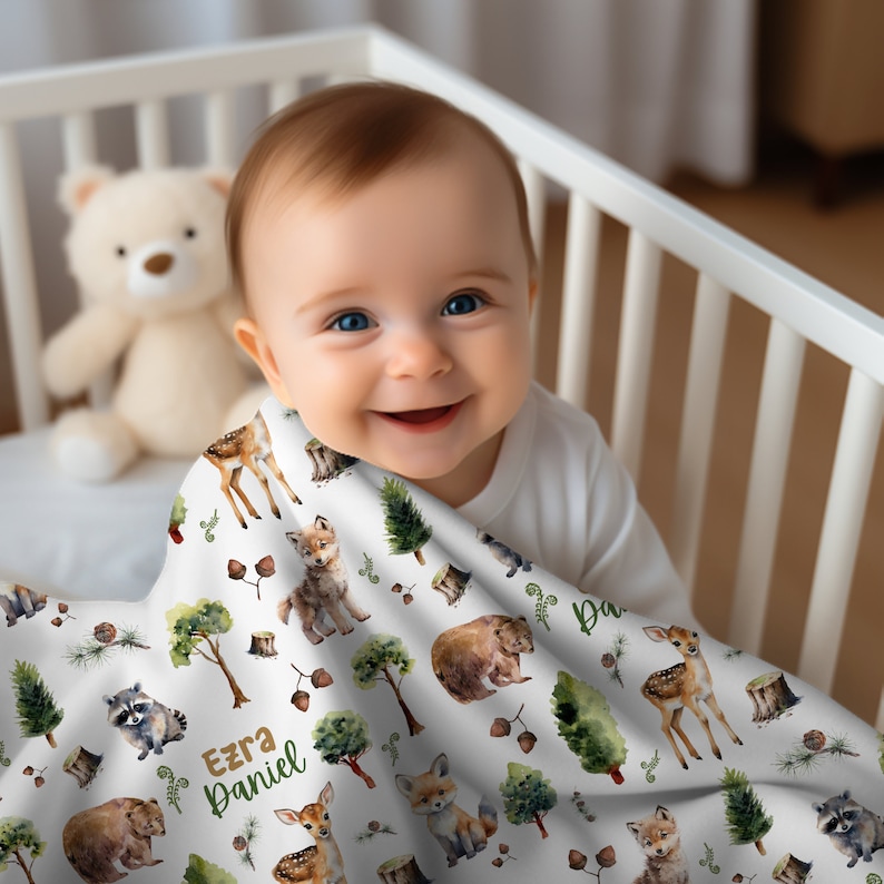 Personalized Forest Woodland Animal Swaddle, Baby Name Blanket, Deer Hunting Jersey Swaddle Baby Shower Gift Toddler Birthday Baby Animals Fox Deer Hunting Outdoor Nature Natural Nature Baby Shower