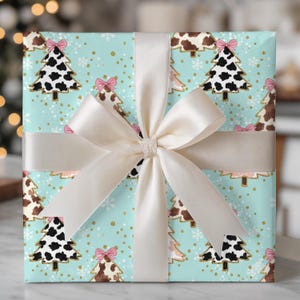 Preppy Western Christmas Wrapping Paper, Cow Print Trees and Bows, Retro Gift Wrap