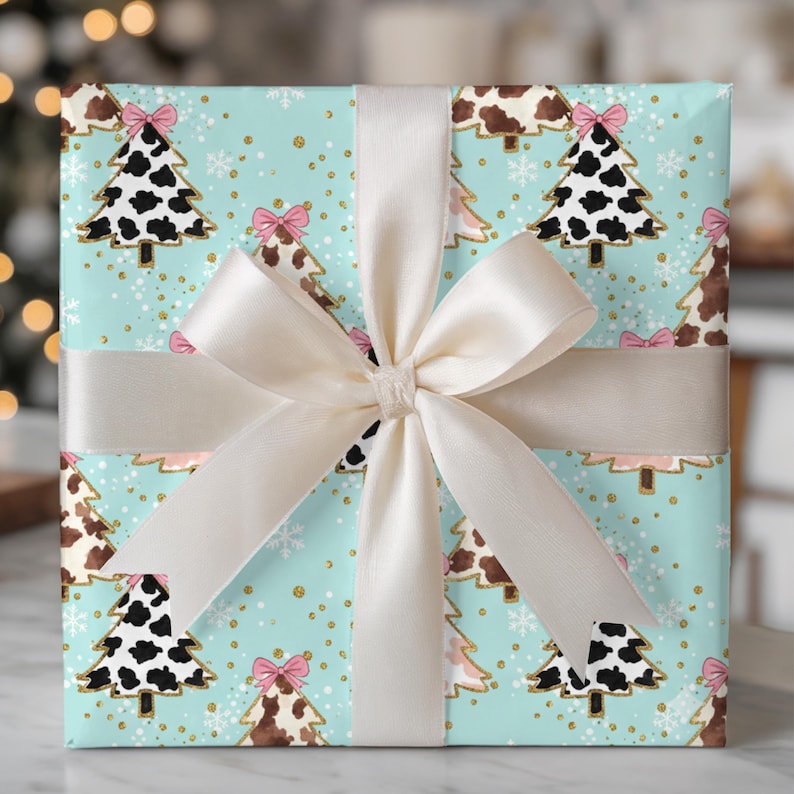 Preppy Western Christmas Wrapping Paper, Cow Print Trees and Bows, Retro Gift Wrap