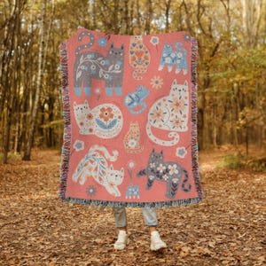 Woven Cat Blanket, Cat Tapestry Blanket, Cat Woven Blanket, Cat Lady Gift, Cat Mom Gift, Cat Lovers Wall Tapestry Unique Whimsical Boho Pink