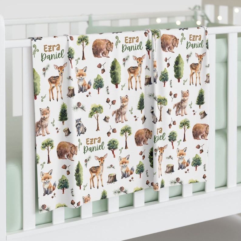 Personalized Forest Woodland Animal Swaddle, Baby Name Blanket, Deer Hunting Jersey Swaddle Baby Shower Gift Toddler Birthday, Baby Animal Blanket, Outdoorsman, Personalized Swaddle for Boys, Baby Blanket Custom, Customized Swaddle, Swaddle with Name
