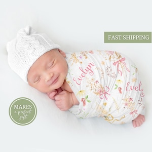 Girl Name Swaddle Floral Bow Baby Blanket Personalized Floral Baby Wrap Wildflower Swaddle Custom Name Blanket Hat Set Newborn Girl Gift