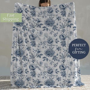 Personalized Blue Toile Blanket Baby Girl Custom Adult Blanket French Toile De Jouy Chinoiserie Name Blanket Blue Floral Gift for Mom Wife