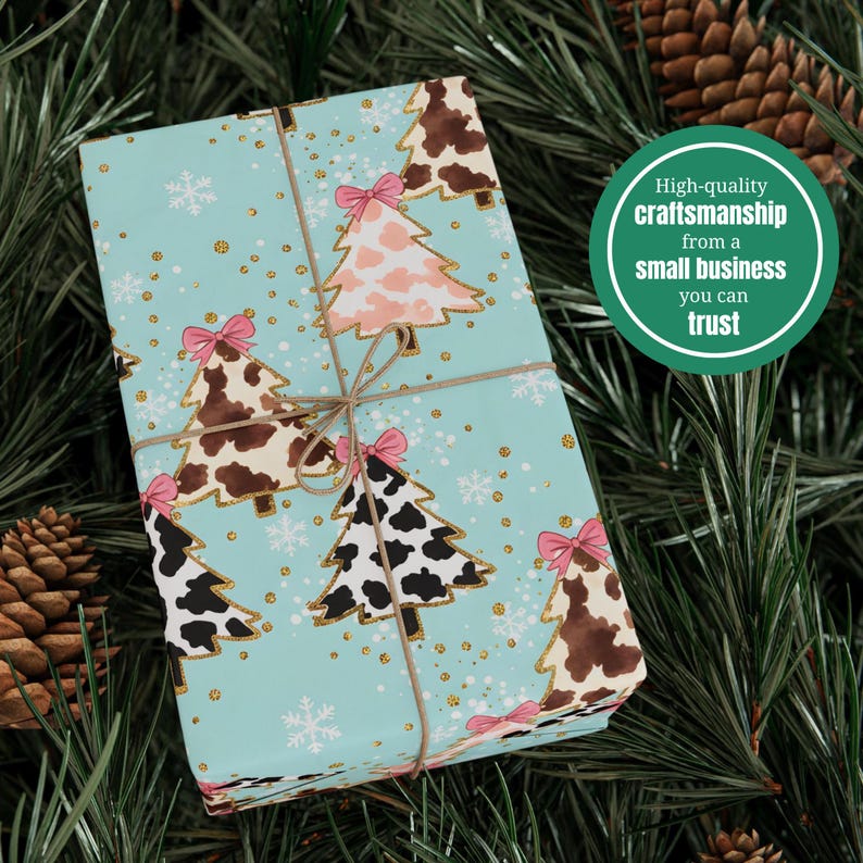 Preppy Western Christmas Wrapping Paper, Cow Print Trees and Bows, Retro Gift Wrap