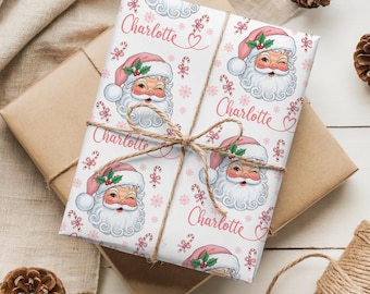 Pink Santa Personalized Wrapping Paper, Custom Name Christmas Gift Wrap
