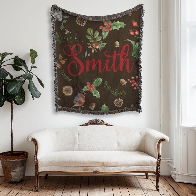 Personalized Christmas Nature Name Blanket Woven Holiday Tapestry Throw