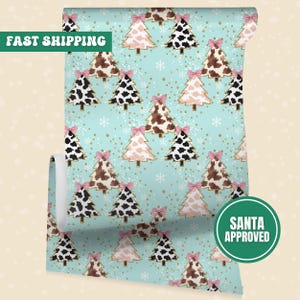Preppy Western Christmas Wrapping Paper, Cow Print Trees and Bows, Retro Gift Wrap
