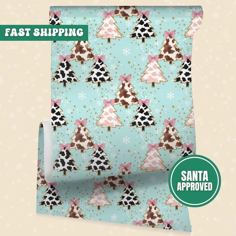Preppy Western Christmas Wrapping Paper, Cow Print Trees and Bows, Retro Gift Wrap