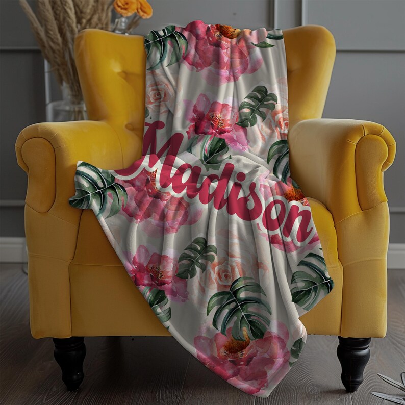 Retro Flower Name Blanket Monstera Plant, Personalized Custom Teen Girl