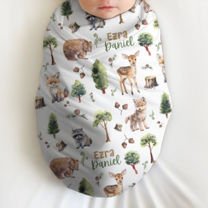 Personalized Forest Woodland Animal Swaddle, Baby Name Blanket, Deer Hunting Jersey Swaddle Baby Shower Gift Toddler Birthday, Custom Swaddle, Customized Name Swaddle for Boys, Newborn Boy Gift, Outdoors Nature Baby Shower gift