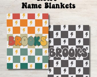 Personalized Lightning Bolt Blanket Baby Boy Name Custom Checkered Blanket Shower Gift Newborn Toddler Colorful Matching Cousin Blanket Gift