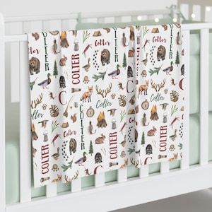 Personalized Hunting Baby Name Blanket Fishing Woodland Forest Deer Bear Baby Shower Gift Hospital Blanket Minky Toddler Birthday Present