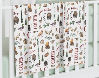 Personalized Hunting Baby Name Blanket Fishing Woodland Forest Deer Bear Baby Shower Gift Hospital Blanket Minky Toddler Birthday Present