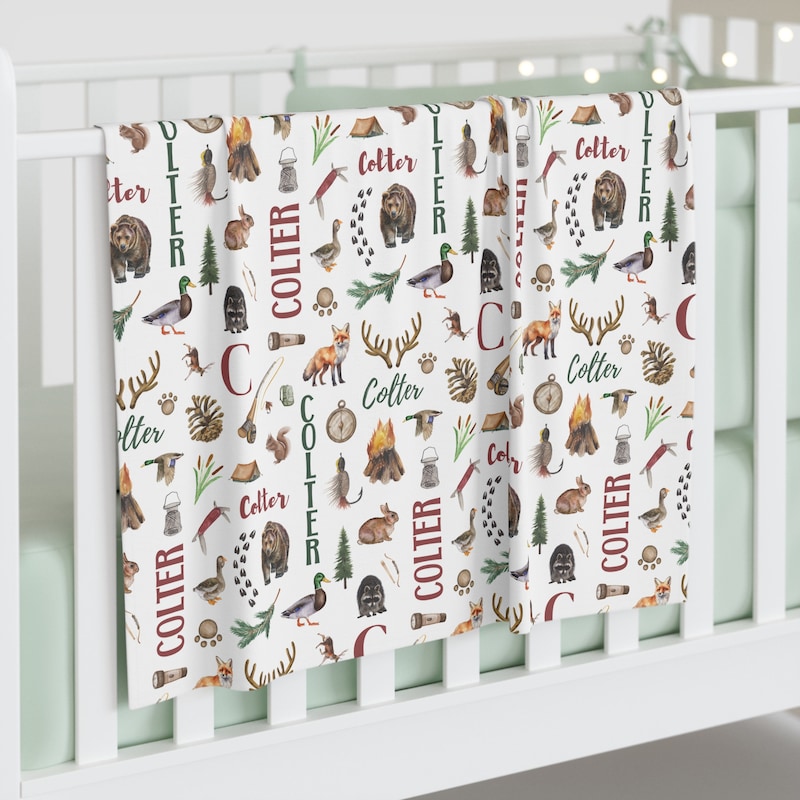Personalized Hunting Baby Name Blanket, Fishing Woodland Forest Deer Bear Baby Shower Gift Hospital Blanket, Toddler Birthday Present