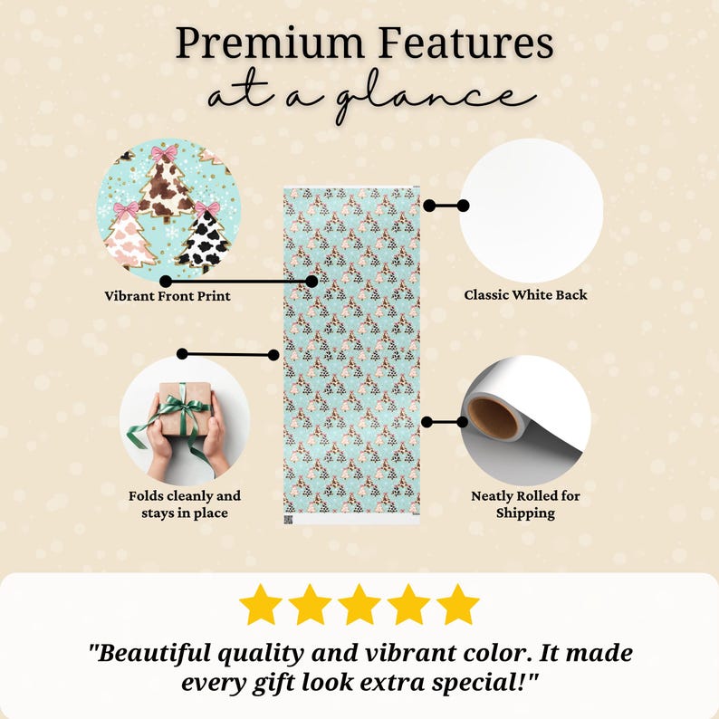 Preppy Western Christmas Wrapping Paper, Cow Print Trees and Bows, Retro Gift Wrap
