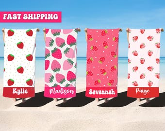 Personalized Strawberry Beach Towel Girls Custom Name Towel for Kids Toddlers Teens Tweens Birthday Towel Gift Matching Fruit Pool Towels